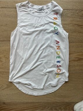 Tracy Anderson White Sleeveless Logo Tank with Rainbow Lettering, XS